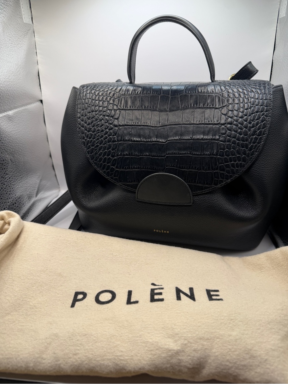 Polène Numero Un Black Croc-Embossed Flap Top-Handle Satchel